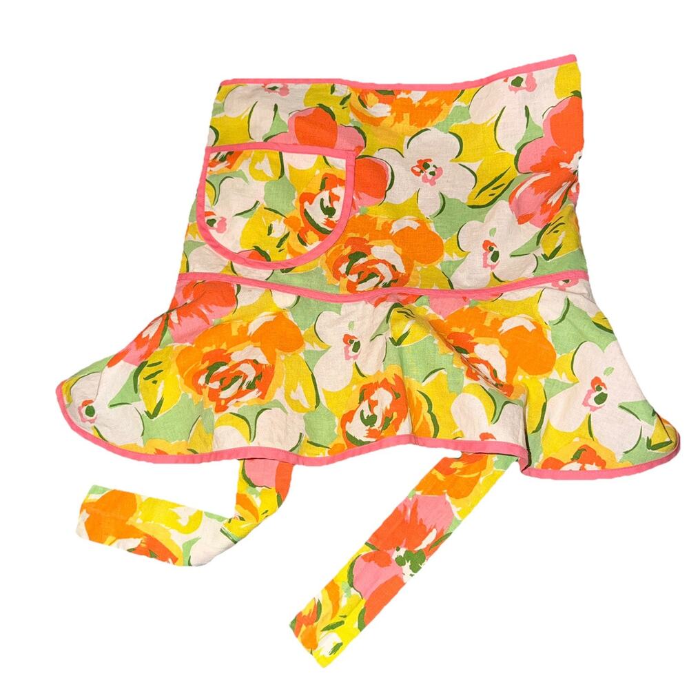 Jesse Steele Floral Linen Apron USA Preppy Garden Ruffle Tie Waist